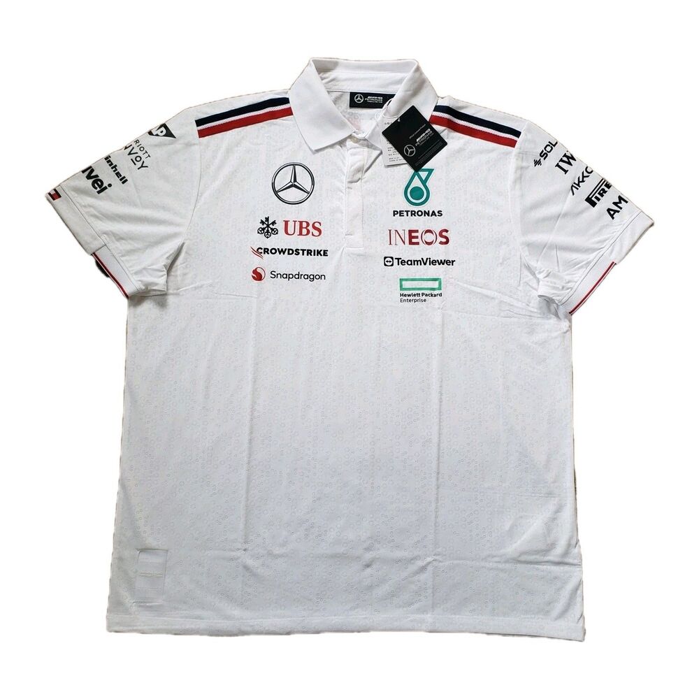 2024 Mercedes AMG Petronas F1 Men's Size XL White Team Replica Polo Shirt Racing
